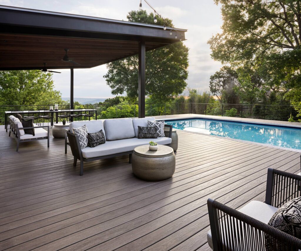 Low-maintenance composite deck with modern wood-look finish