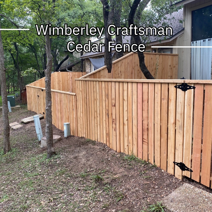 A wooden cedar fence is positioned in front of a house, emphasizing its rustic charm and craftsmanship.