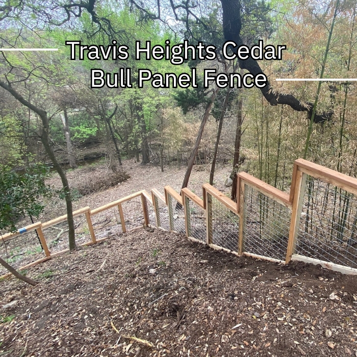 Scenic view of a cedar bull panel fence lining a trail, with elevated land and rich greenery in the background.