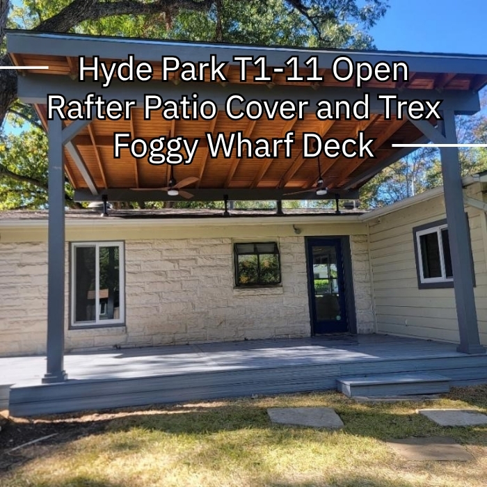 A wooden-roofed covered patio with open rafters, showcasing a Trex Foggy Wharf deck and skylift roof riser.