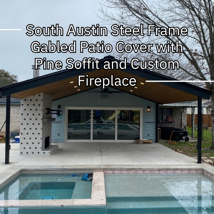 Stylish patio with a gabled roof, steel frame, and a custom fireplace chimney for warmth and ambiance.