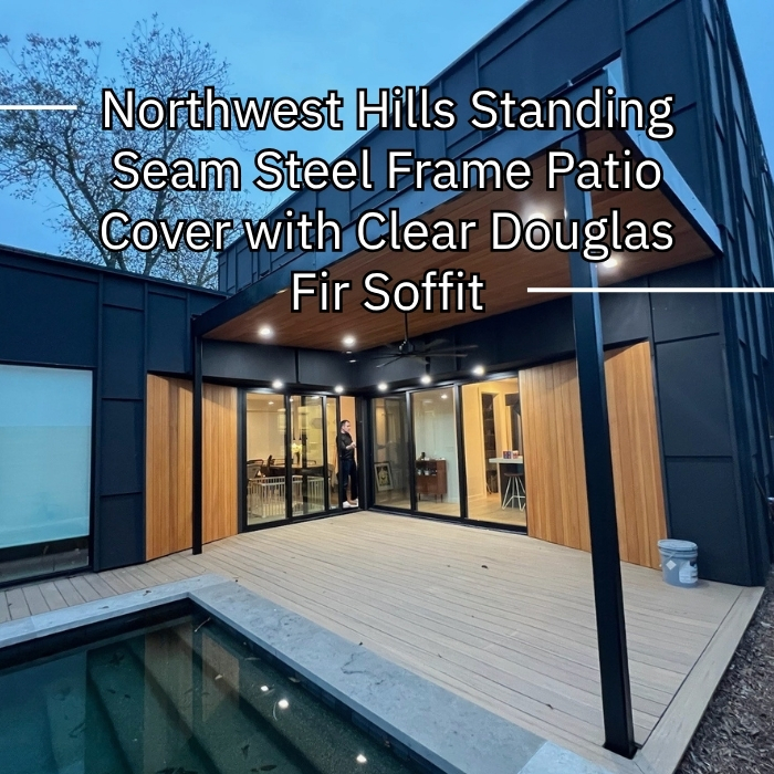 Stylish home showcasing a pool, wooden deck, and a clear Douglas Fir patio cover with an attached steel frame.