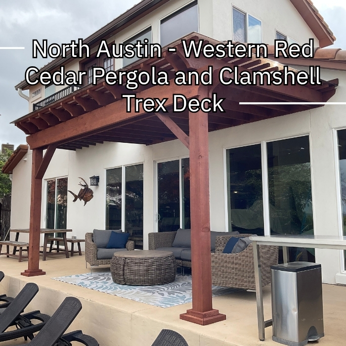 A stylish patio with a cedar pergola overhead and inviting lounge chairs, ideal for enjoying sunny days outdoors.