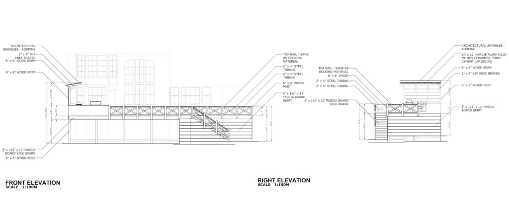 2D Cad of deck with Trex Carmel boards and custom railing
