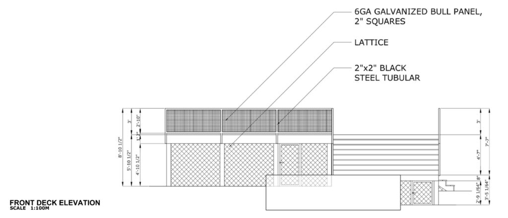2D Cad plan of Two-level Trex Saddle Brown composite deck with custom bull panel steel railing and artificial turf inset.