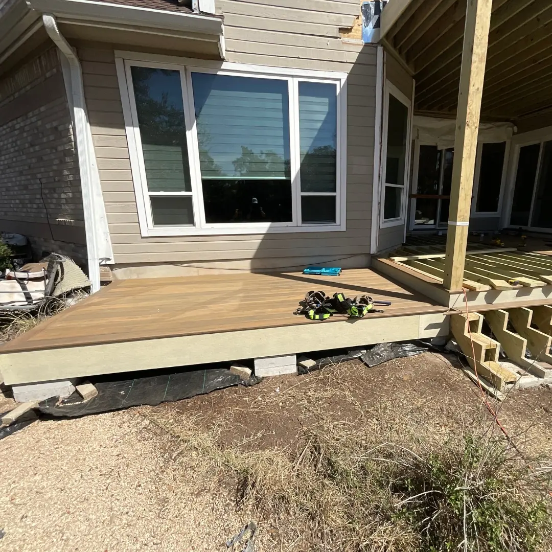Close-up of Hardie skirting installation around deck perimeter