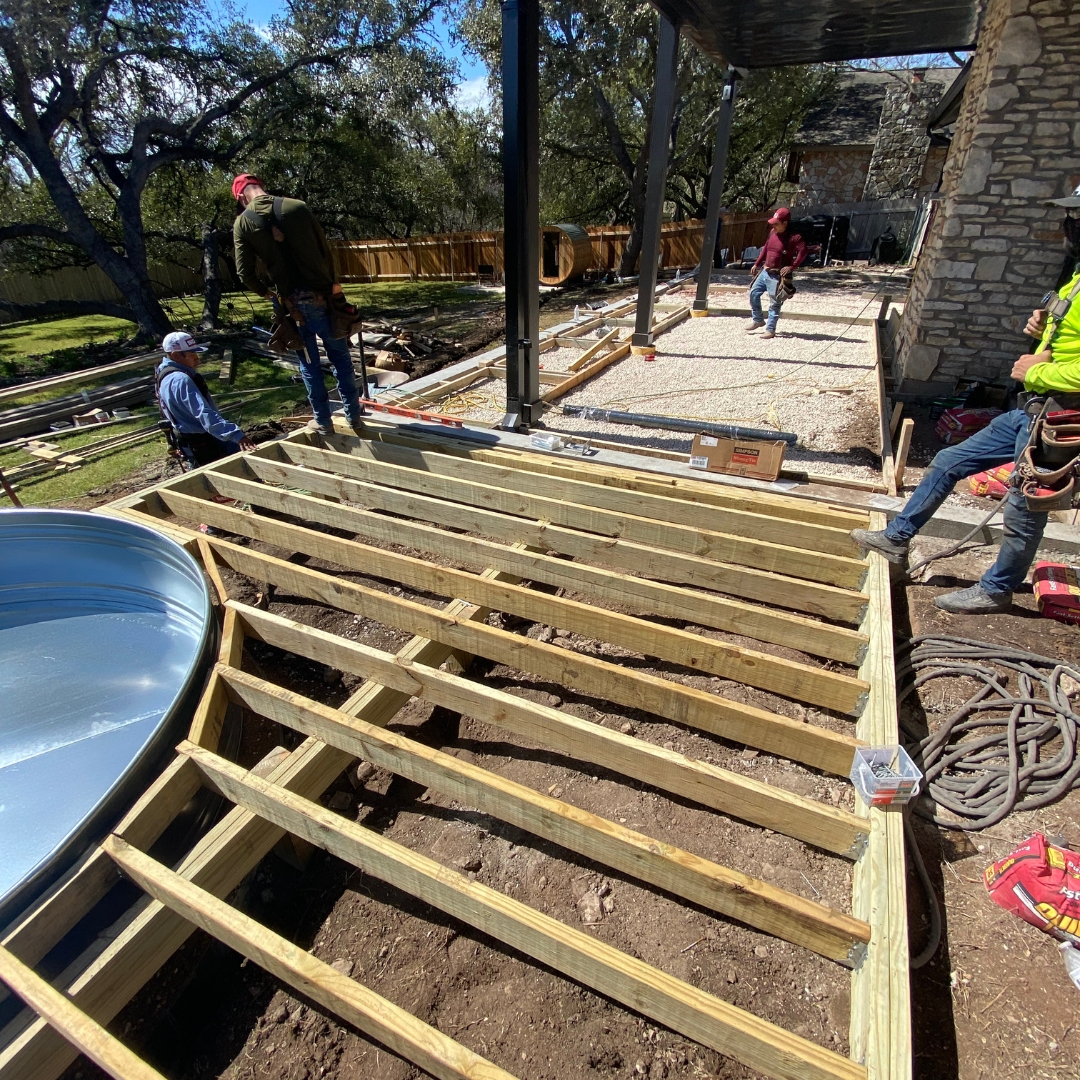Framing underway for TimberTech deck installation.