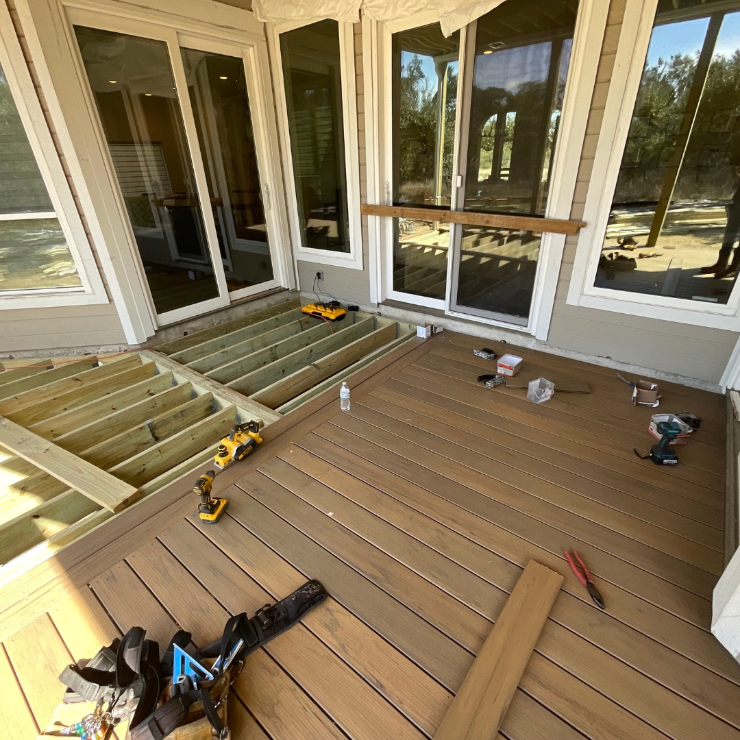 Close-up of Hardie skirting installation around deck perimeter