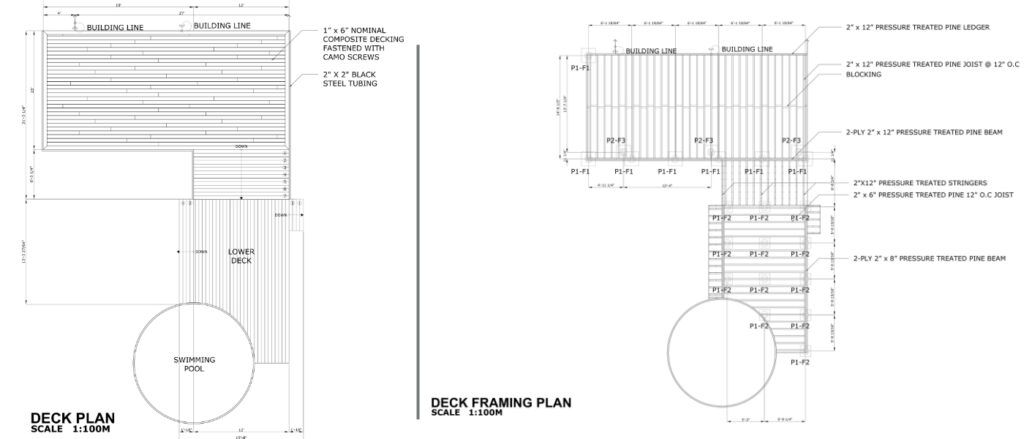 2D Cad plan of Two-level Trex Saddle Brown composite deck with custom bull panel steel railing and artificial turf inset.