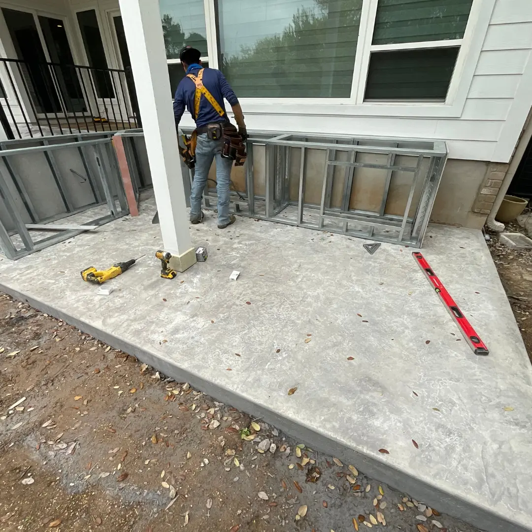 Substructure of outdoor kitchen showing framing and utilities rough-in
