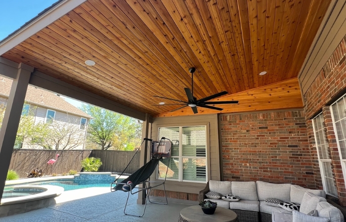 Close-up of natural cedar ceiling finish
