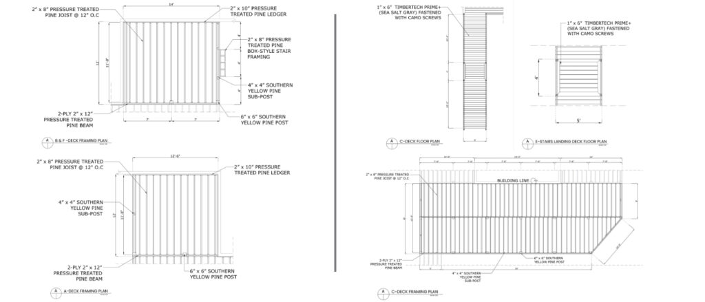 Cad plan for a Custom residential deck installation with composite material and ornamental railing.
