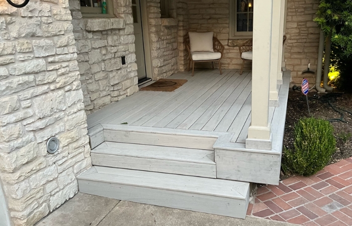 Refinished TimberTech deck with fresh French White Oak color