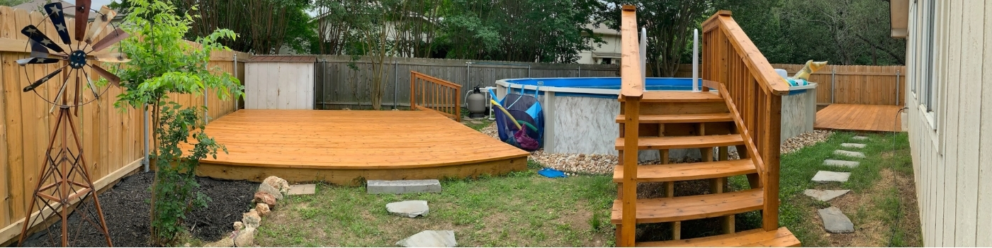 Wide view of both connected decks stained in Natural Cedartone.