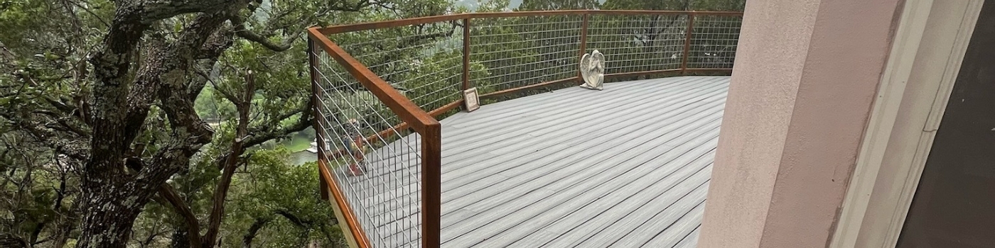 Completed Trex Foggy Wharf deck with custom welded bull panel railing.