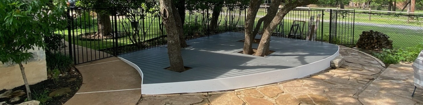 Finished floating deck built with Trex Clamshell composite boards.