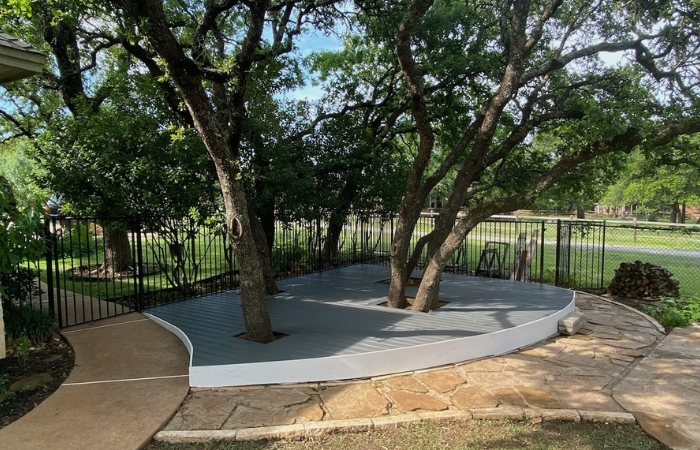Finished floating deck built with Trex Clamshell composite boards.