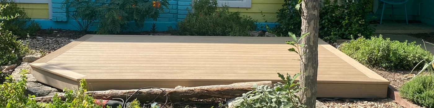 Completed TimberTech Weathered Teak floating deck with clean, finished surface.